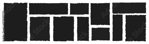 Grunge torn rectangle shapes. Black jagged paper sheets with rough ripped edges, vector elements for stickers, collage layouts, banners and graphic design on white background