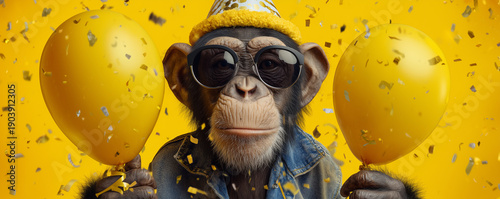 Funny chimpanzee wearing sunglasses and hat, holding happy birthday balloons and confetti explosion flying around greeting card invitation on yellow background with copy space.