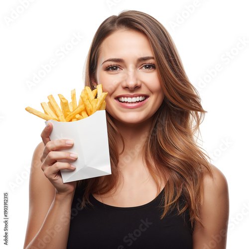 Woman Holds a Container of Fries and Smiles at the Camera in a Bright Setting
