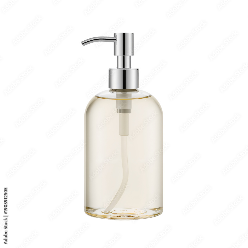 Obraz premium Clear Soap Dispenser Filled With Liquid on a White Background for Home Use and Cleaning Tasks