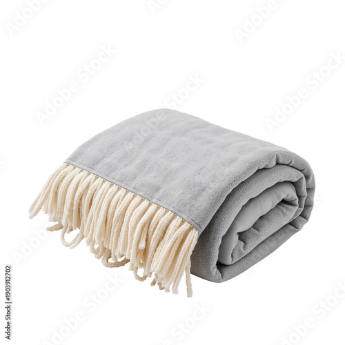 Soft Gray Blanket With White Fringe Folded Neatly on a Flat Surface at Home
