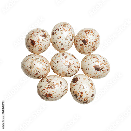 Colorful Speckled Eggs Arranged in a Circle on White Background for Spring Ce...