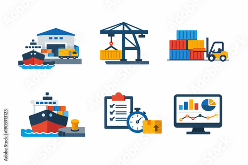 Logistics and cargo transport icons with ships, cranes, and forklifts