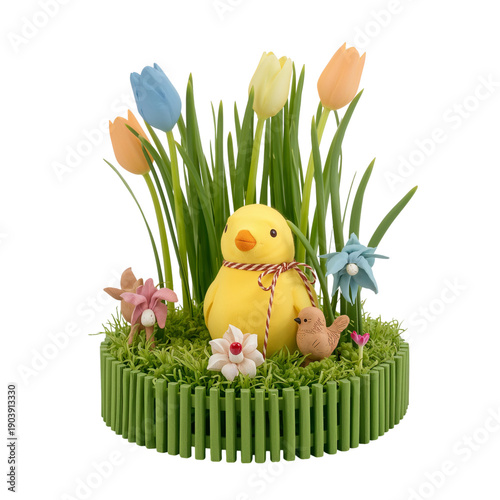 Bright Spring Decoration With Flowers and a Yellow Chick in Green Grass
