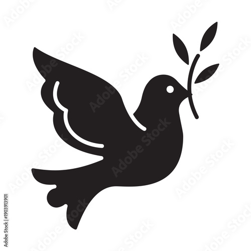 Solid black dove of peace icon with olive branch. Minimalist flying bird silhouette for Easter and spirituality. Vector flat illustration isolated on white. Clean religious symbol.