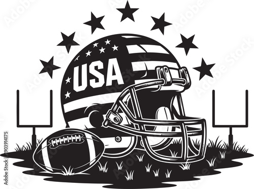 Labor day football helmet usa patriotic black and white illustration