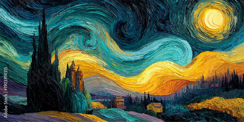 A serene landscape with vibrant stars and a mysterious castle in the distance