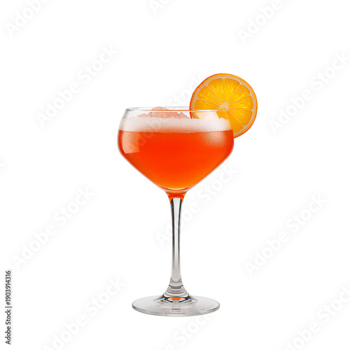 Colorful Cocktail Served in a Glass With Ice and Fruit Slice on a White Backg...