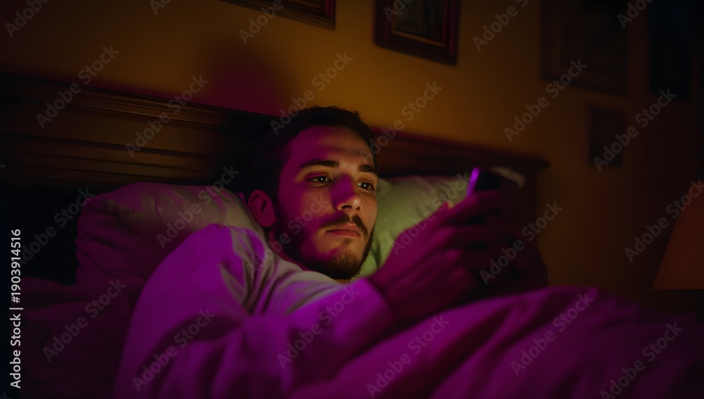 Fototapeta premium Man using smartphone in bed at night
