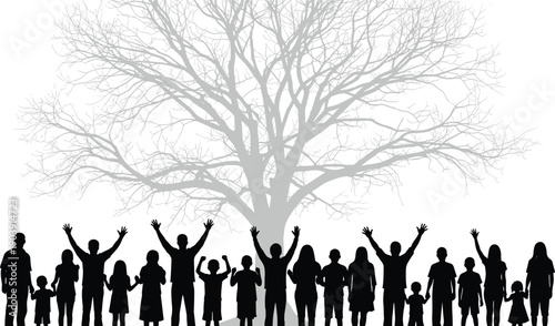 Family tree silhouette illustration, community connection artwork, black and white vector design, people celebrating unity, symbolic growth roots, generational bond image