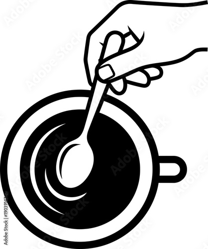 Hand stirring coffee in a mug or cup with a spoon overhead view. Morning drink preparation. Flat vector illustration icon for app or menu