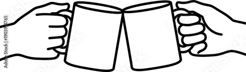 Two human hands toasting with beer mugs line icon. Celebration, friendship and bar concept. Minimalist doodle design vector illustration