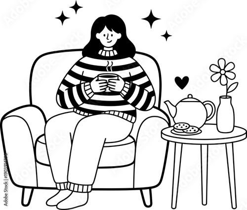 А woman on armchair holding cup in cozy setting with teapot, cookies, flower. Relaxing at home concept. Outline vector illustration