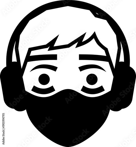 Man head with ear protection and face mask icon for industrial safety and health concept. Vector illustration on white background