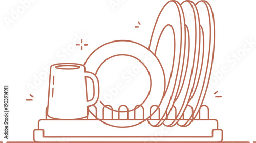 Dish rack with plate and cup, a clean kitchen utensil concept. Minimalist outline style vector illustration for home item