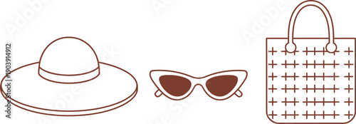 Summer vacation accessory set with sun hat, sunglasses, and beach bag. Outline simple flat style for greeting card, banner, poster, invitation, icon, symbol