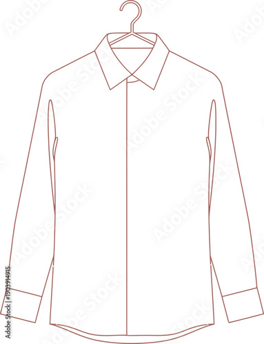 Outline vector illustration of a long sleeve button-up shirt hanging on a hanger, depicting fashion, apparel, and clothing concept