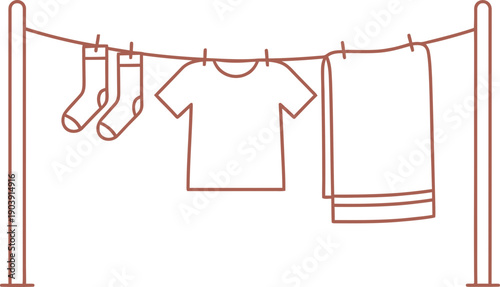 Laundry line with drying clothes and socks illustration. Housework and daily chores concept. Vector icon for app, banner