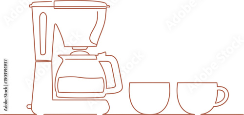Coffee maker machine with glass pot and two empty cups. Hot drink preparation concept. Outline drawing vector illustration for cafe
