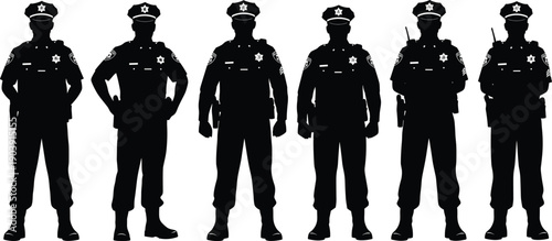 Police officer silhouette illustration, law enforcement artwork, uniformed personnel vector, black and white design, security authority motif, justice symbol, protective service drawing
