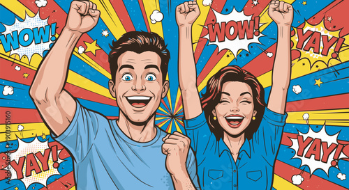 Excited couple celebrating with comic style comic book pop art wow expression