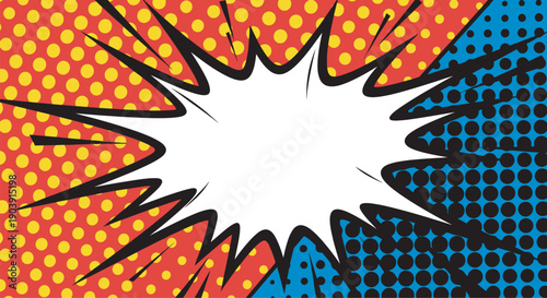 Vibrant comic book explosion effect with ben day dots background