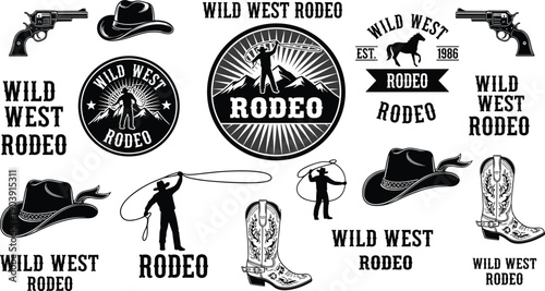 Wild West rodeo illustration, cowboy hat artwork, revolver silhouette design, vintage western motif, lasso and horse emblem, rustic frontier graphic