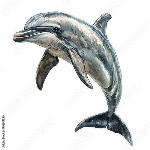 Dolphin, serene watercolor vector artwork with smooth washes of color and refined textures, isolated on a white background.