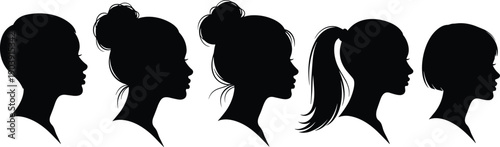 Women hairstyle silhouette illustration, beauty fashion artwork, black profile vector, stylish hair design, buzz bun ponytail bob motif, grooming graphic