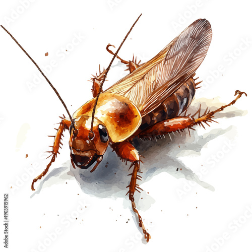 Cockroach, serene watercolor vector artwork with smooth washes of color and refined textures, isolated on a white background.
