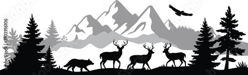 Wildlife mountain landscape silhouette, deer wolf forest trees with flying eagle, black and gray nature vector illustration isolated on white background