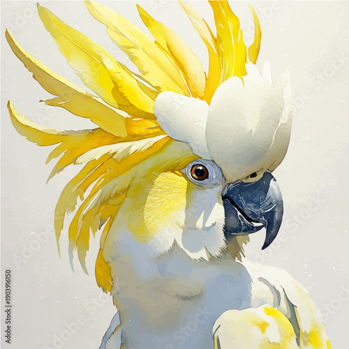 Cockatoo, whimsical watercolor vector illustration with vibrant highlights and delicate strokes, isolated on a white background.