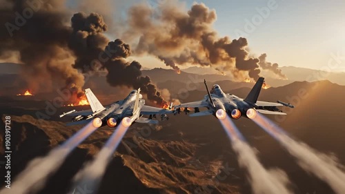 Fighter Jets Soaring Over Fiery Battlefield at Sunset