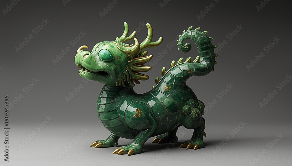 Obraz premium A vibrant green dragon statue with gold accents on a gray background