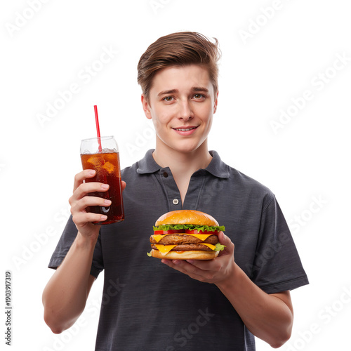 Young Man Holds a Burger and a Drink in a Plain Setting Indoors