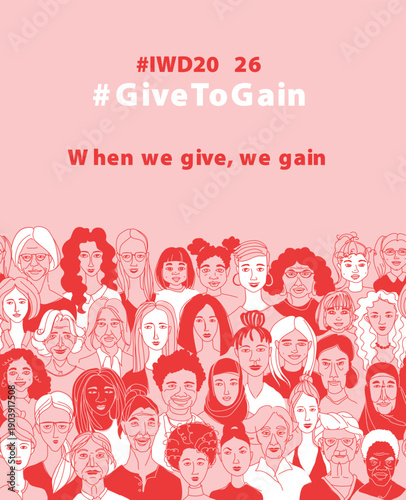 Give to Gain, International Women Day Equality Poster with Diverse Female Faces
