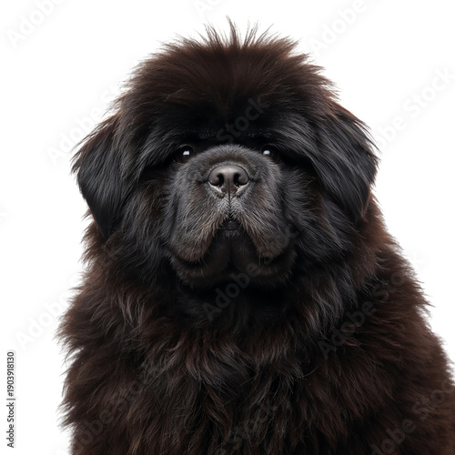 Fluffy Black Dog Sits Still and Looks Forward With Calm Expression
