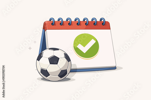 Soccer match schedule calendar with football vector illustration. Football calendar with check mark and soccer ball. Flat vector illustration representing match schedule, game result, sports planning 
