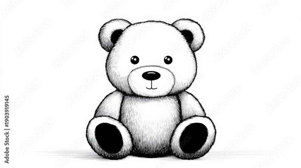 Obraz premium Black and white line art illustration of a cute cartoon teddy bear with thick outlines, designed for toddler coloring pages, featuring a simple and adorable design