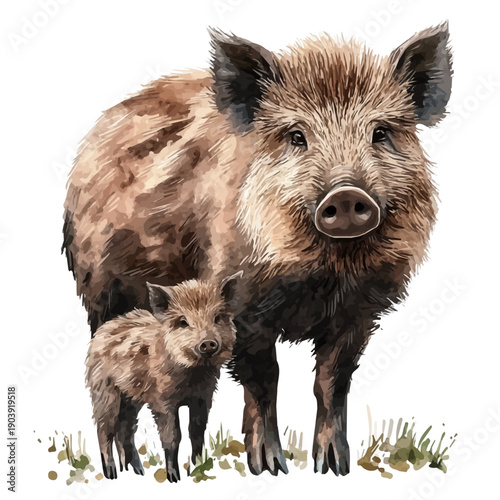 Wallpaper Mural watercolor of A Mother Boar With Her Kid graphic, isolated on a white background. Torontodigital.ca