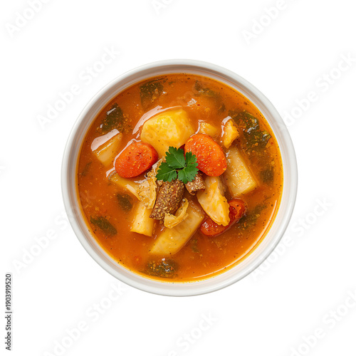 Soup With Vegetables and Meat in a White Bowl on a Plain Background