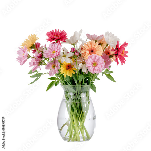Bright Flowers in a Clear Glass Vase Arranged on a White Background