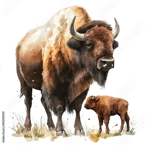 A Mother Bison With Her Kid, beautiful watercolor illustration with vivid colors and detailed vector style, isolated on a white background.