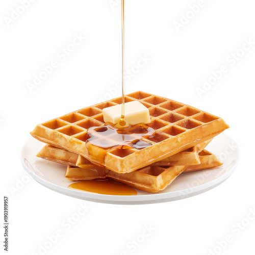 Delicious Waffles Stacked on a White Plate With Syrup Pouring and Butter Melt...