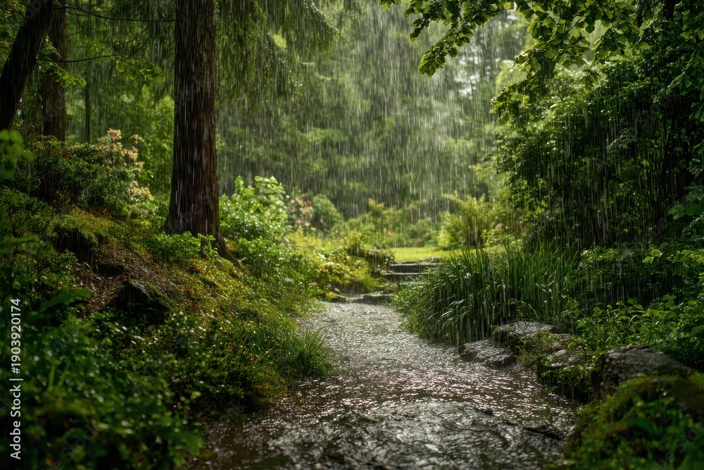 Fototapeta premium Serene forest landscape during rain with fresh greenery, vibrant flowers, and a charming stone path leading to a tranquil open space surrounded by nature's beauty