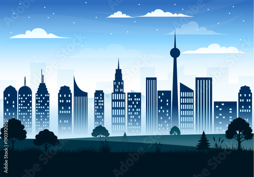 City night view with skyscrapers and downtown skyline vector illustration, modern landscape art