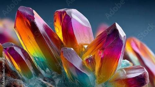 Close-up of vibrant silicate crystals with jagged edges and iridescent colors, showcasing sharp geometric forms and internal refractions against a dark background