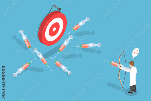 3D Isometric Flat Vector Illustration of Vaccine Efficacy, Doctor Misses Target While Administering Virus Vaccine