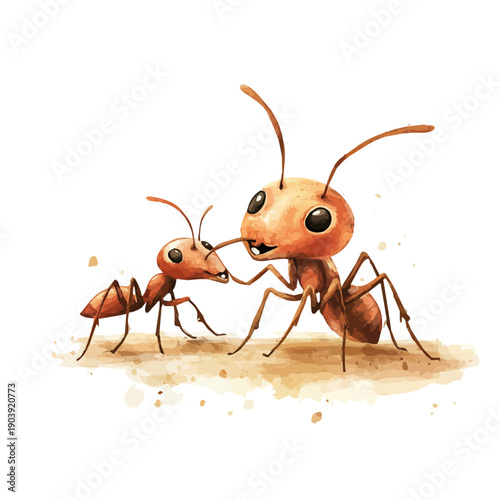 A Mother Ant With Her Kid, vibrant watercolor vector illustration with flowing and detailed brush strokes, isolated on a white background.