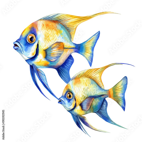 A Mother Angelfish With Her Kid, charming watercolor vector with soft tones and graceful design, isolated on a white background.